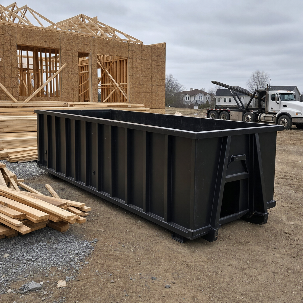 Matte-black 40-yard roll-off dumpster staged on a framed-out residential construction site in Binghamton, framing lumber stacked nearby, hooklift delivery truck visible in the background under bright Colorado daylight