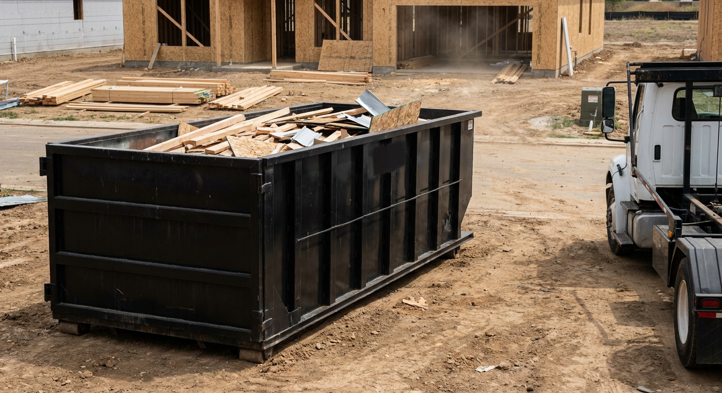 Matte-black 20-yard roll-off construction dumpster with heavy ribbed steel sidewalls and swing rear doors at a working jobsite in Binghamton, sitting directly on compacted dirt with an unmarked white hauler partially visible at the far edge of the frame.