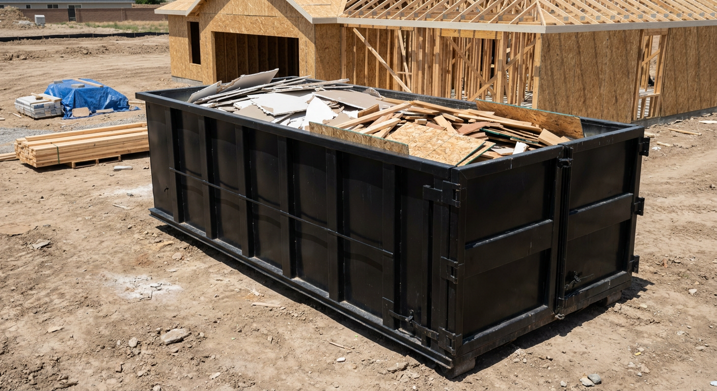 Matte-black 30-yard roll-off construction dumpster sitting directly on the compacted-dirt site of a framed single-family home build in Binghamton, drywall and lumber scrap loaded inside.
