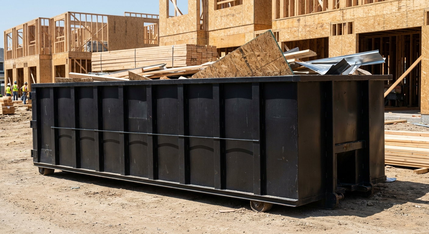 Matte-black 40-yard roll-off construction dumpster being lowered from a white-cab hooklift delivery truck onto the compacted-dirt jobsite at a commercial build site in Binghamton