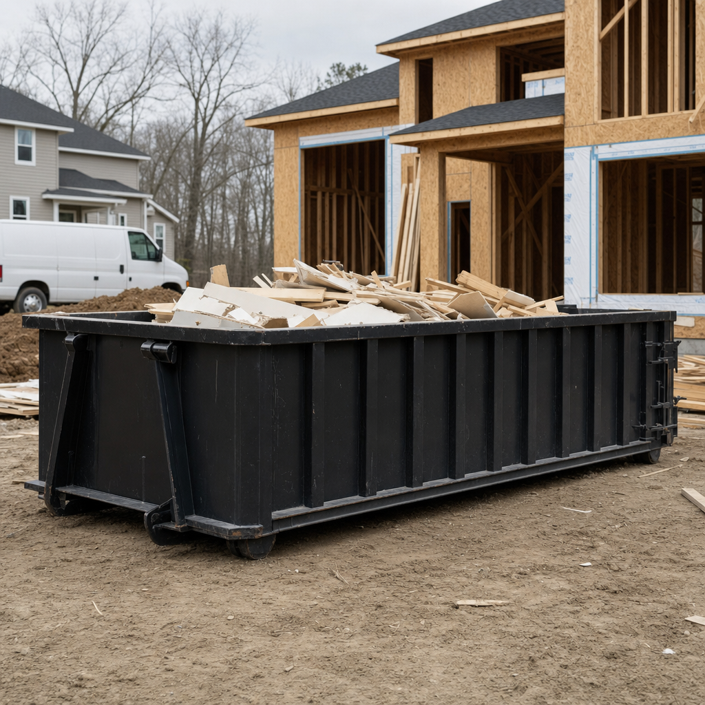 Worker in a yellow high-visibility vest tossing framing lumber and broken drywall into a matte-black 30-yard construction roll-off dumpster on an active build site in Binghamton, bright daylight