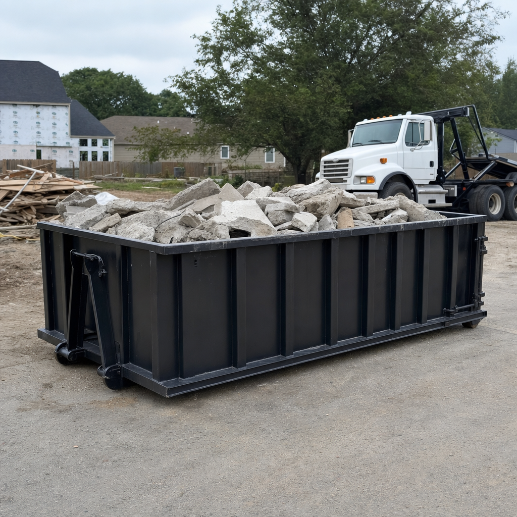 Low-profile matte-black lowboy roll-off dumpster loaded with broken concrete slab and rebar at a foundation tear-out in Binghamton, skid steer parked beside it, sunny Colorado morning