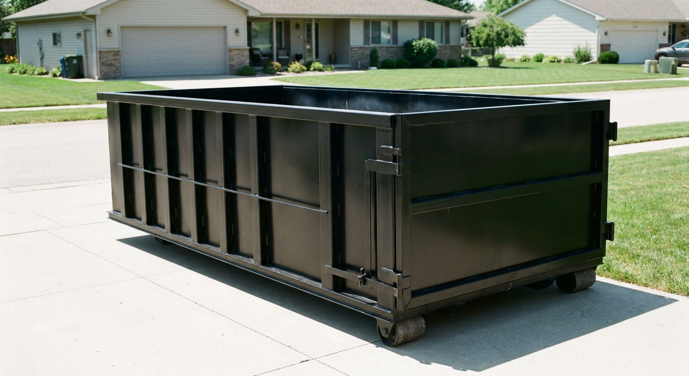Matte-black 10-yard roll-off dumpster on a residential concrete driveway in Binghamton, uniformly painted matte black across every panel and rail, ribbed steel sidewalls and rear swing door visible, mid-day daylight.