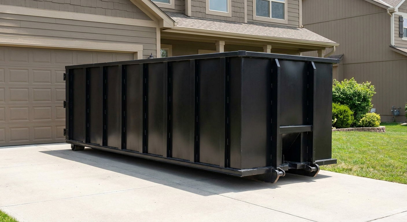 Matte-black residential roll-off dumpster sitting directly on a suburban Binghamton concrete driveway, garage door closed, single-family home in background, bright morning daylight.