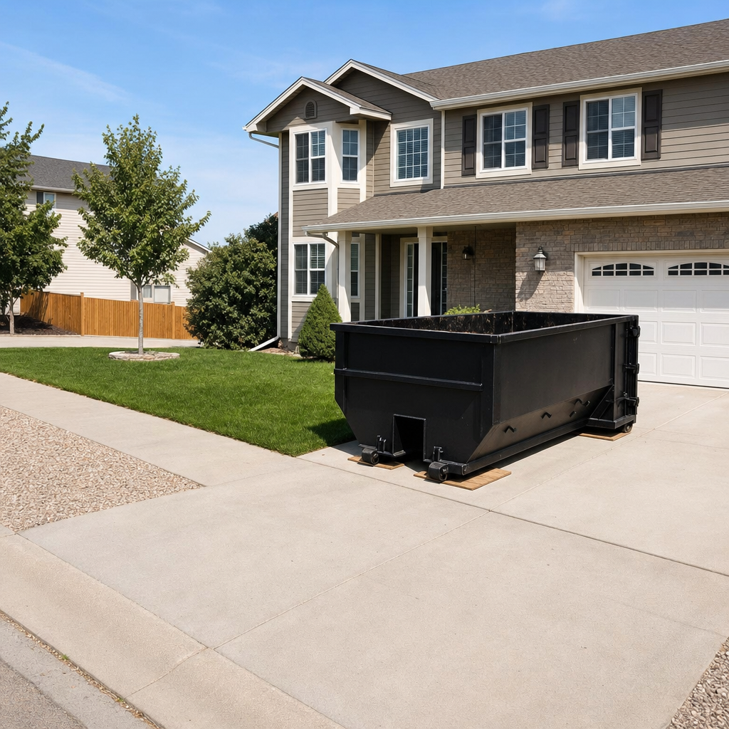 10-yard matte-black residential dumpster placed directly on a narrow Binghamton concrete driveway, room remains for a parked sedan beside it, mid-morning natural light