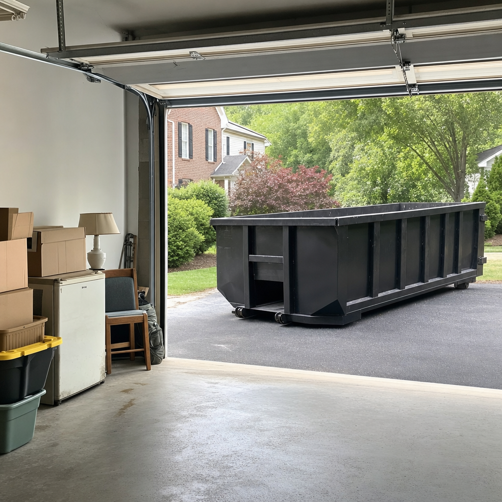 Open garage interior in a Binghamton home mid-cleanout — boxed items, an old appliance, and stacked yard tools queued near the driveway for a matte-black roll-off dumpster, organized and calm