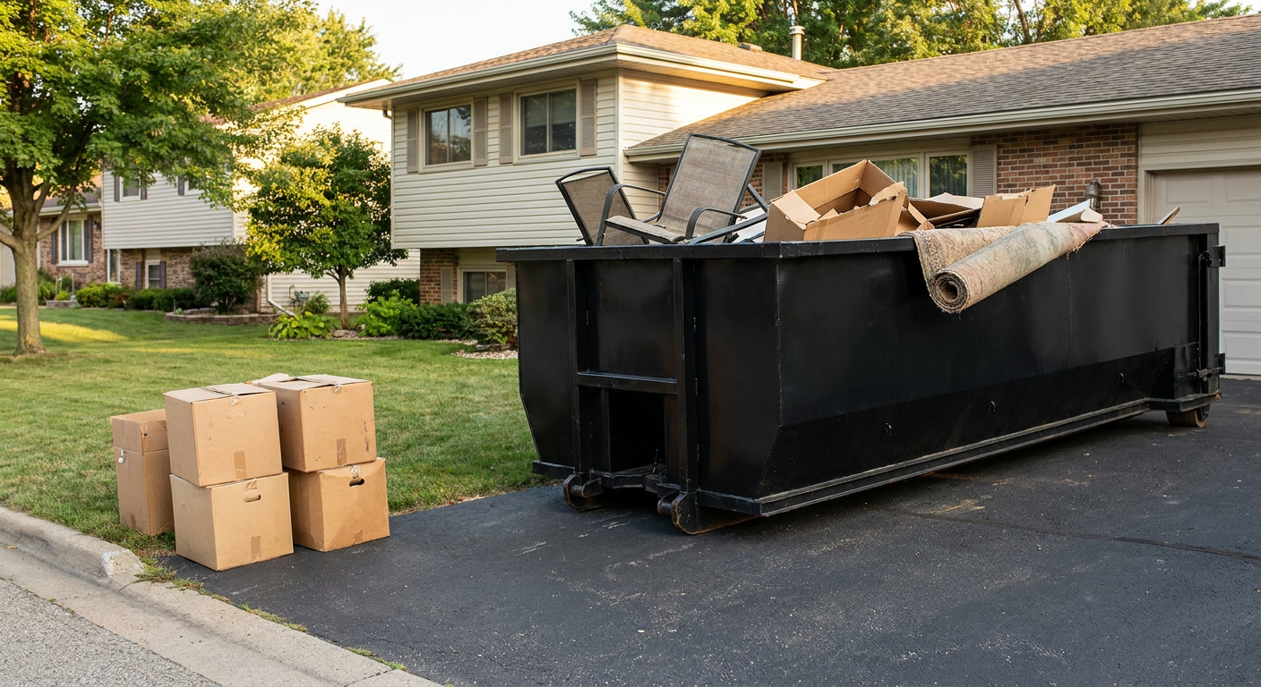 Front-yard view of a Binghamton split-level home with a 20-yard matte-black roll-off dumpster sitting directly on the asphalt driveway, a few clearly labeled donation boxes staged at the curb, calm sunny afternoon.