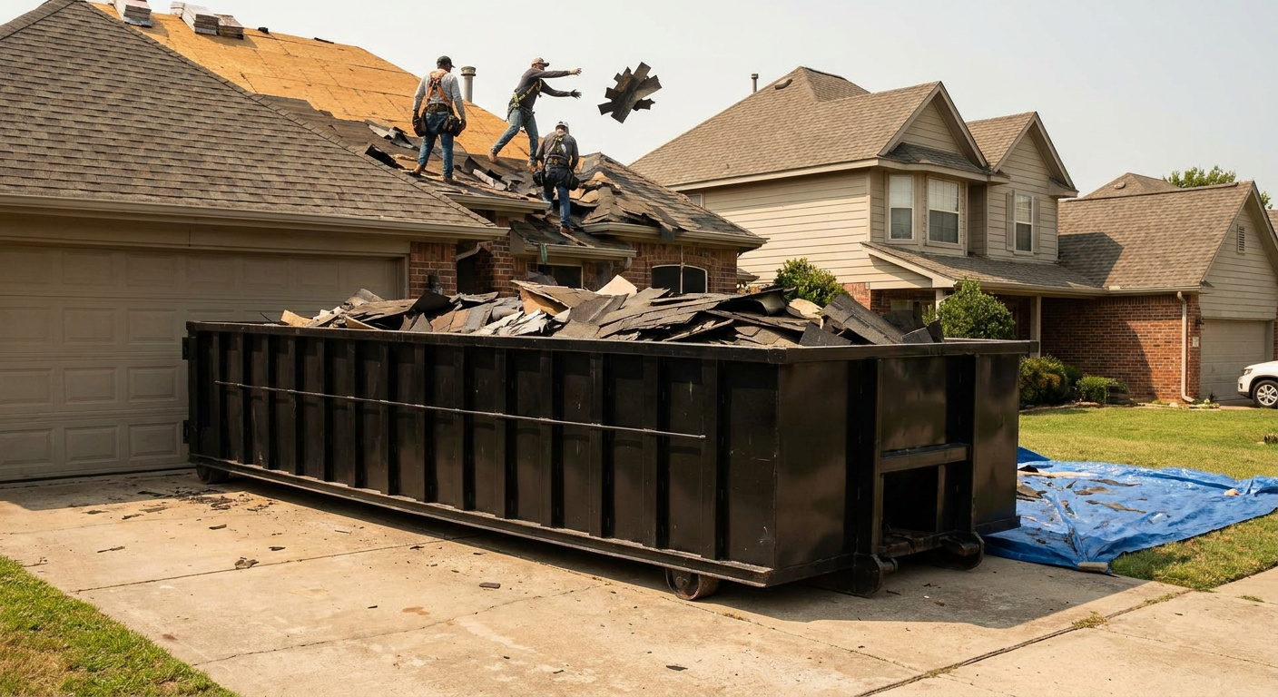 Matte-black roofing roll-off dumpster placed directly on a Binghamton residential concrete driveway, a tear-off crew on a two-story asphalt-shingle roof tossing shingle bundles into the low-walled container, bright daylight, documentary 35mm perspective.