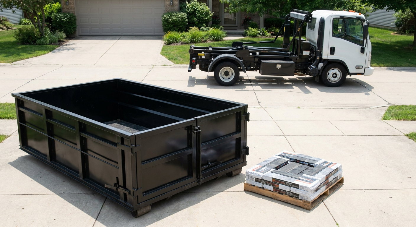 Matte-black 15-yard roofing roll-off dumpster with reinforced low side walls sitting directly on a Binghamton residential concrete driveway, three-tab asphalt shingle bundles stacked nearby, an unmarked white hauler truck partially visible at the edge of the frame.