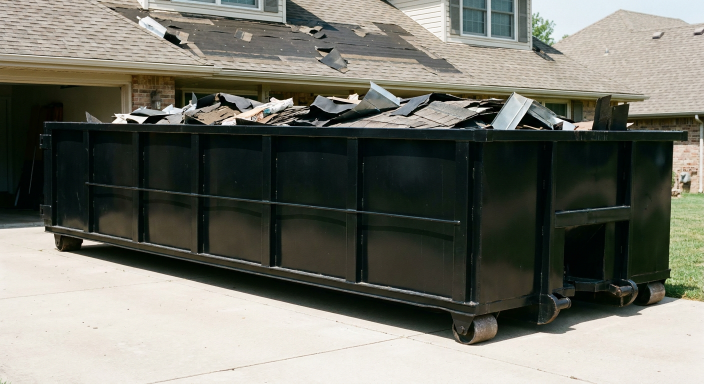 Matte-black 20-yard roofing roll-off dumpster with steel ribbed sides and swinging rear door, sitting directly on the concrete driveway of a two-story Binghamton home, asphalt shingle debris being loaded over the low wall, clean documentary lighting.
