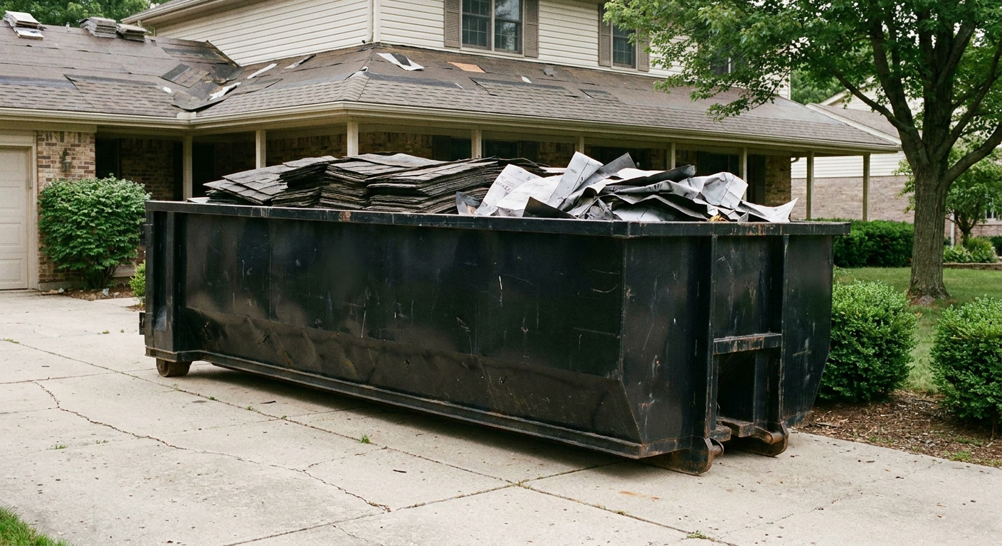 Matte-black 30-yard roofing roll-off dumpster sitting directly on a Binghamton concrete driveway, taller ribbed steel side panels, mixed tear-off debris of asphalt shingles and underlayment inside, professional documentary daylight.