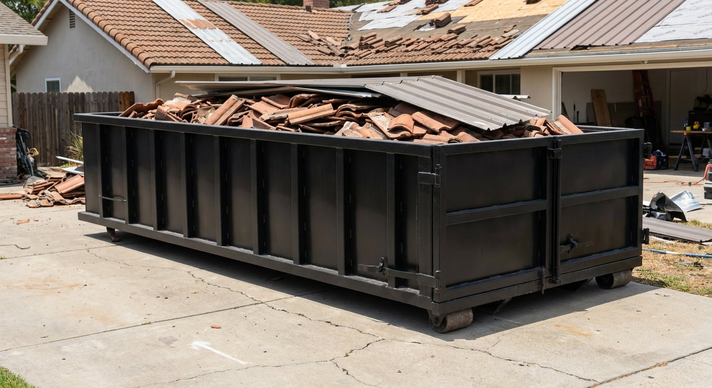 Matte-black low-wall heavy-debris roofing roll-off dumpster sitting directly on a Binghamton concrete driveway, broken concrete clay roof tiles and metal panel sections loaded inside, reinforced ribbed steel side walls visible, bright outdoor daylight.