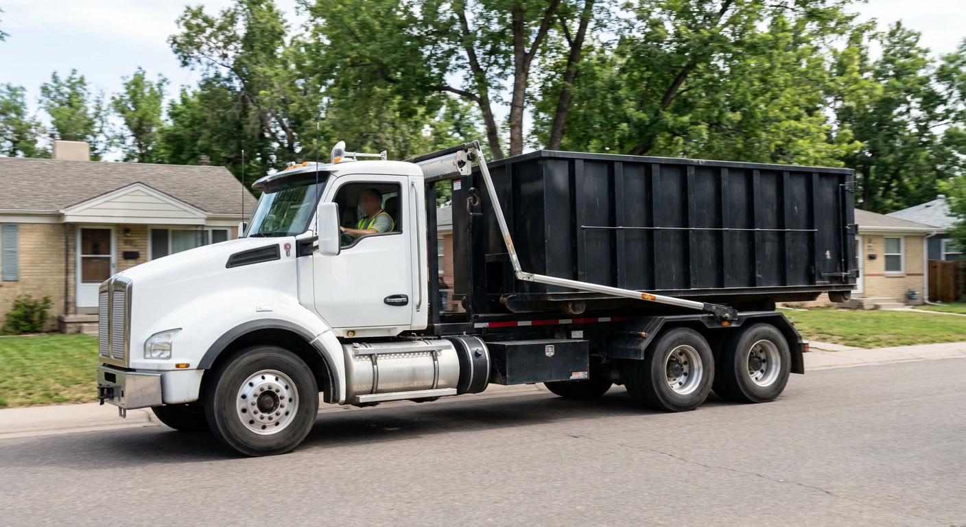 A wide documentary shot of a matte-black roll-off delivery truck pulling onto a quiet Binghamton residential street at mid-morning, with neighborhood rooftops and tree-lined blocks visible behind, showing the metro coverage footprint.