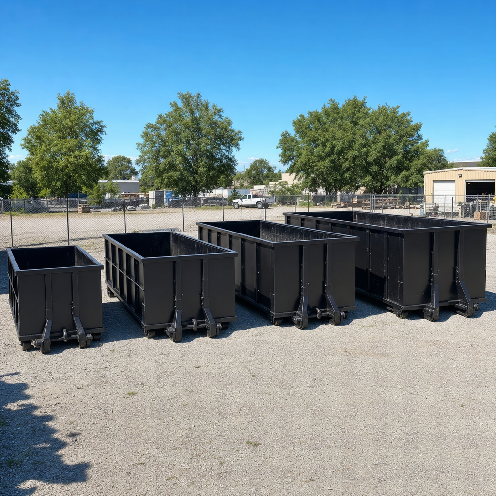 A clean lineup of matte-black roll-off dumpsters in 10, 20, 30, and 40-yard sizes staged on a sunlit gravel yard in Binghamton, showing the size progression from compact to commercial-scale containers.