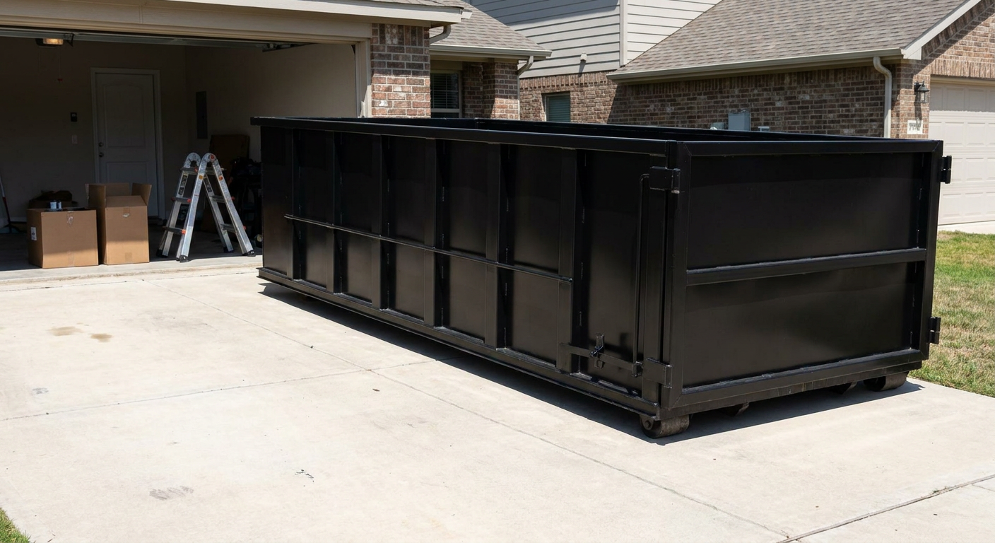 A matte-black 10-yard roll-off dumpster sitting directly on a residential Binghamton concrete driveway, mid-day sunlight, clean and ready for a garage cleanout.