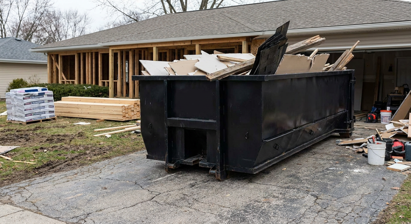 A matte-black 20-yard roll-off dumpster placed alongside a mid-renovation Binghamton home directly on the asphalt driveway, with framing materials and torn-off shingles staged neatly nearby.