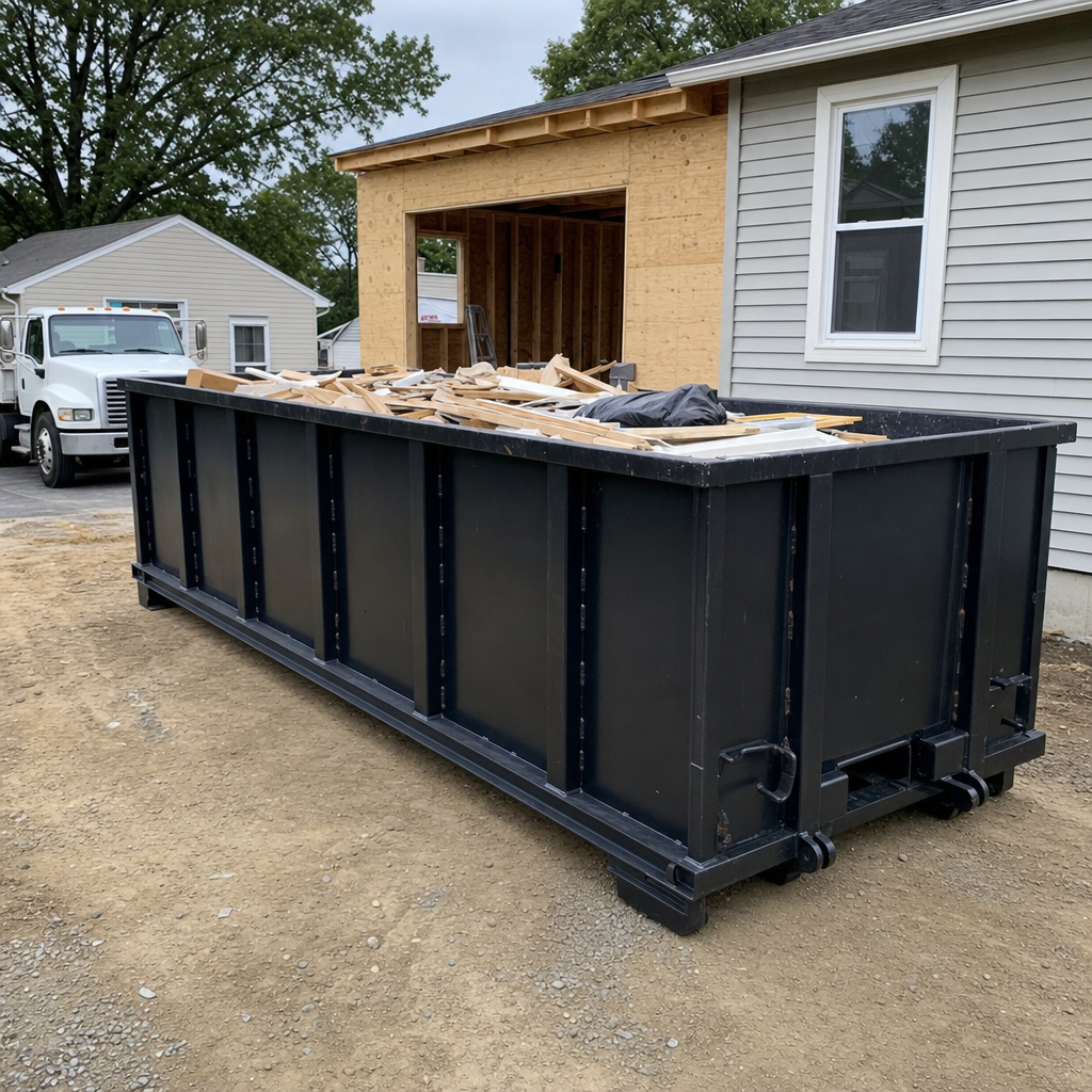 A matte-black 30-yard roll-off dumpster positioned at a Binghamton residential addition jobsite, with framing lumber and drywall scraps loaded through the open swinging rear doors.