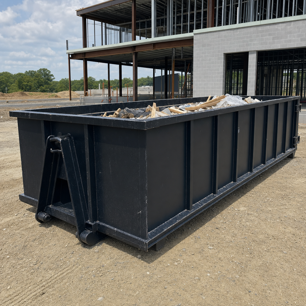 A matte-black 40-yard roll-off dumpster staged on a large Binghamton commercial construction lot, with a hooklift delivery truck parked alongside under bright midday sky.