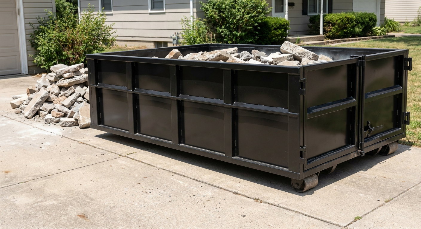 A matte-black low-side heavy-debris roll-off dumpster placed directly on a Binghamton concrete driveway, with broken concrete chunks neatly stacked beside it under clean daylight.